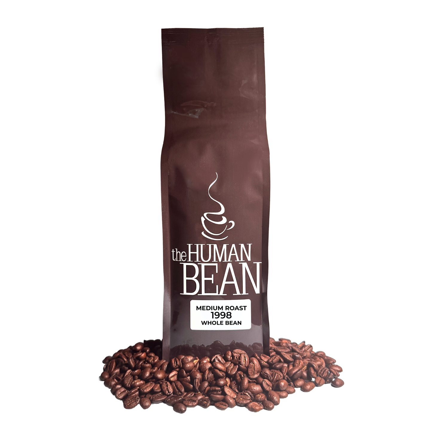 Coffee bag labeled 'the HUMAN BEAN Medium Roast 1998 Whole Bean' with coffee beans around on a white background