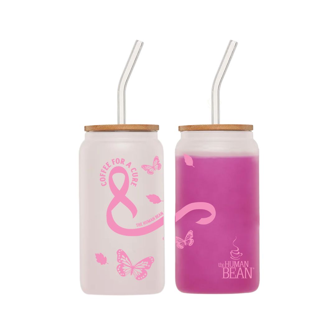 Two mason jar-style tumblers with pink ribbons and butterflies on a white background.