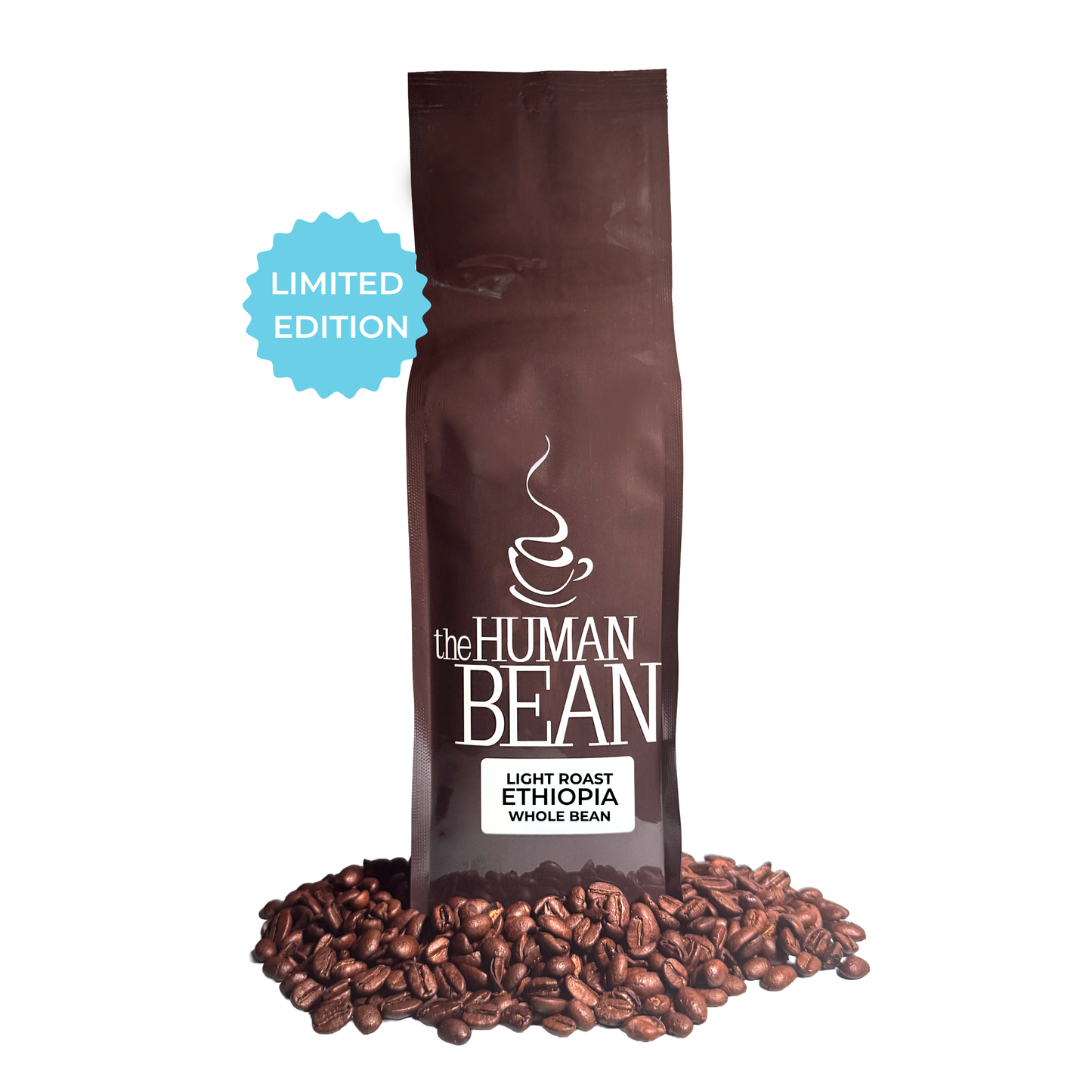 Coffee bag labeled 'the HUMAN BEAN Light Roast Ethiopia Whole Bean' with coffee beans around on a white background