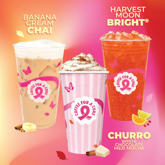An image showing The Human Bean's new fall drinks for 2026, including the Banana Cream Chai, Churro, and Harvest Moon Bright Energy 