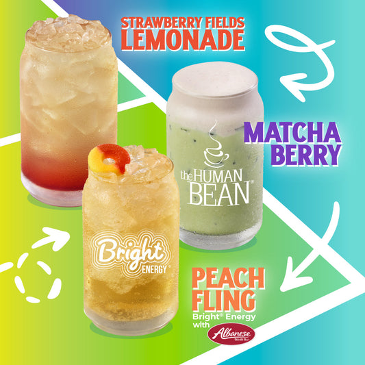 Image displays The Human Bean's new spring drinks, including the Strawberry Fields Lemonade, Matcha Berry, and Peach Fling Bright Energy.