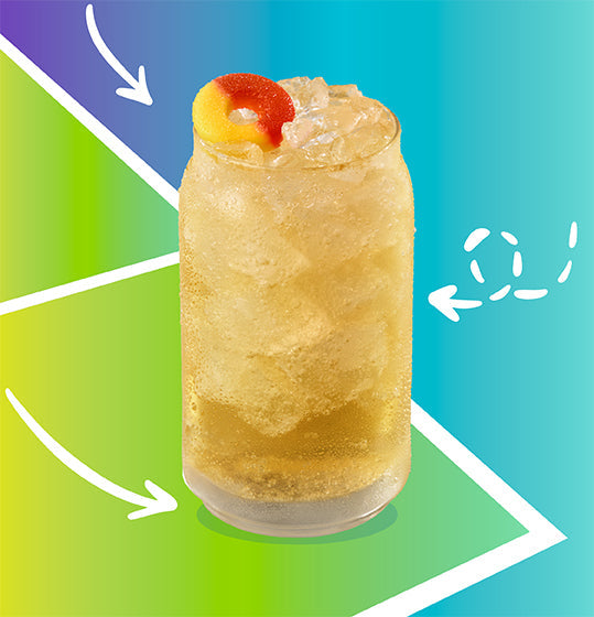 Peach Fling Bright® energy drink from The Human Bean, featuring juicy white peach and Bright® Energy — a refreshing specialty drive-thru coffee alternative.