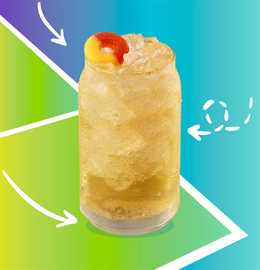 Peach Fling Bright® energy drink from The Human Bean, featuring juicy white peach and Bright® Energy — a refreshing specialty drive-thru coffee alternative.