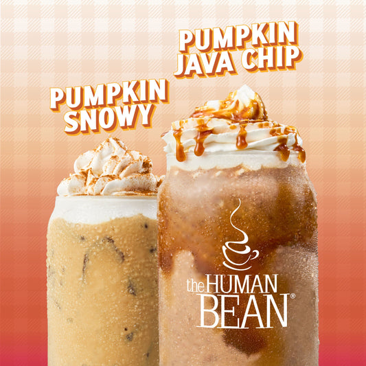 A fall inspired image depicting The Human Bean's two new fall drinks, available August 5th - the Pumpkin Java Chip and the Pumpkin Snowy.