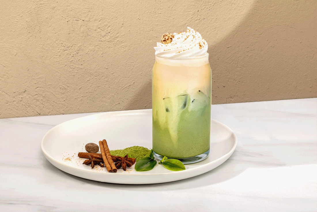 The Human Bean Pumpkin Patch Iced Matcha Drink