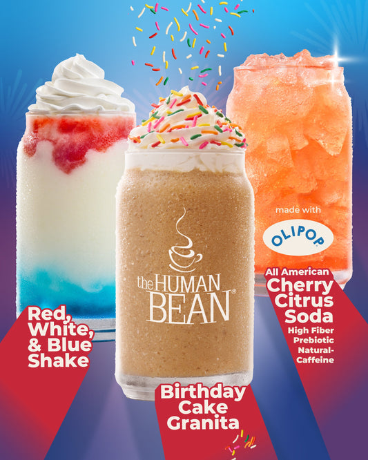 The Human Bean Celebrates America's 250th Birthday with Epic Summer Drink Lineup, Including Red White and Blue Shake, Birthday Cake Granita, and All American Cherry Citrus Soda Featuring Olipop!