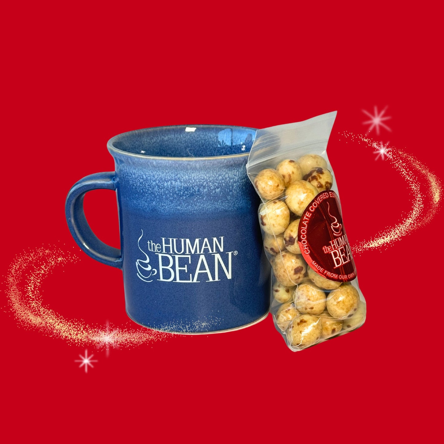 The Human Bean Hand Glazed Ceramic Mug and Chocolate Covered Espresso Beans Gift Set