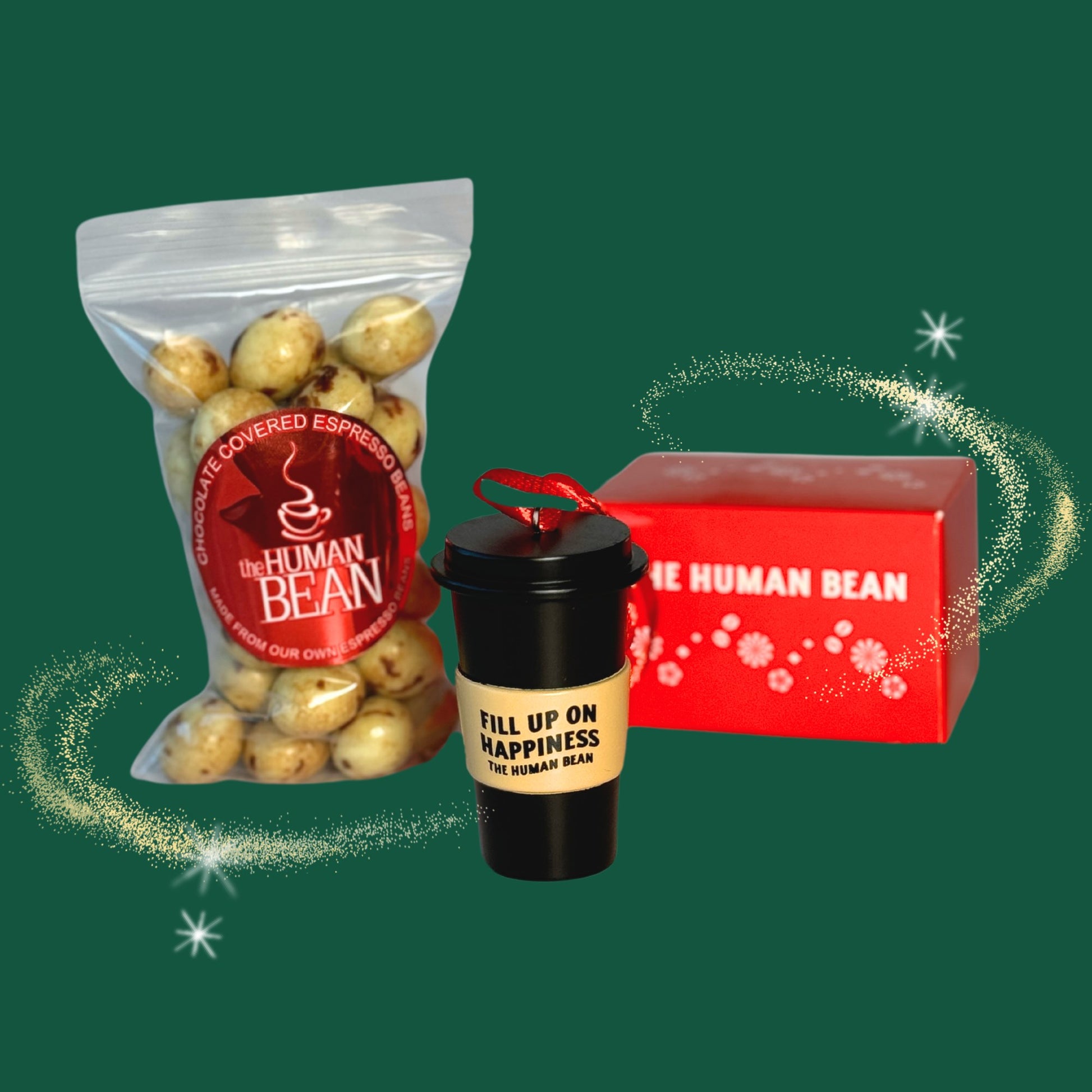 The Human Bean Coffee cup ornament and Chocolate Covered Espresso Beans Gift Set