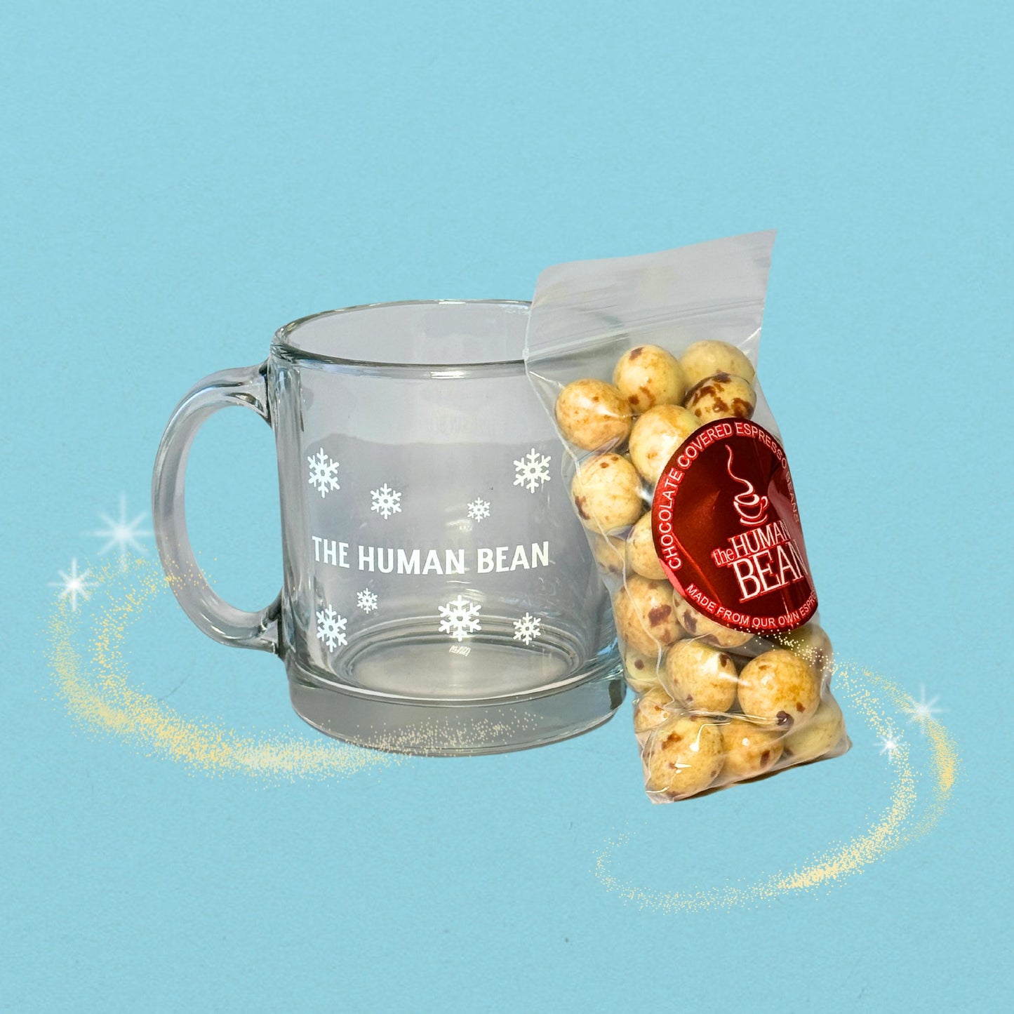 The Human Bean Holiday Glass Mug and Chocolate Covered Espresso Beans Gift Set