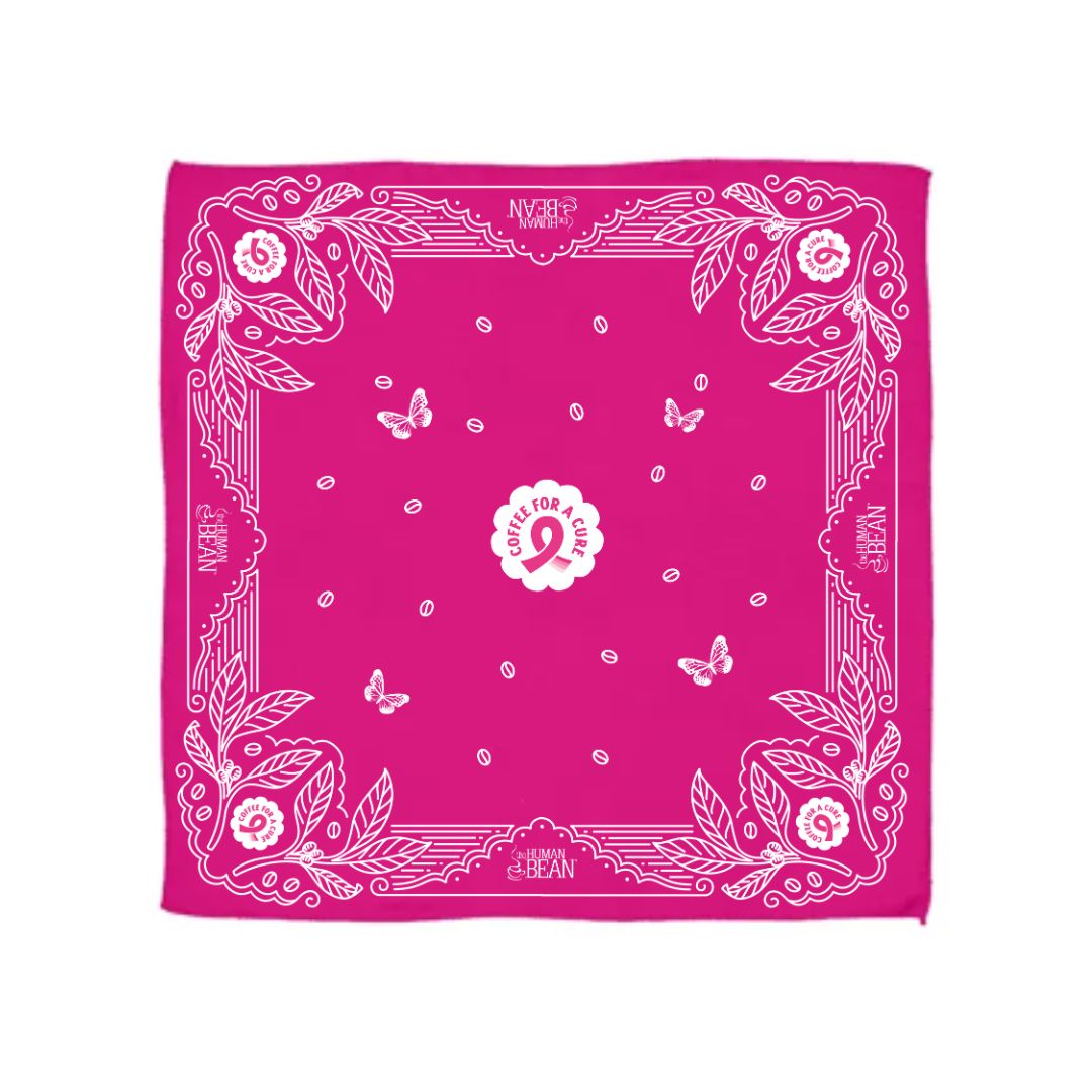 Pink Coffee For A Cure bandana with white patterns and a logo on a white background