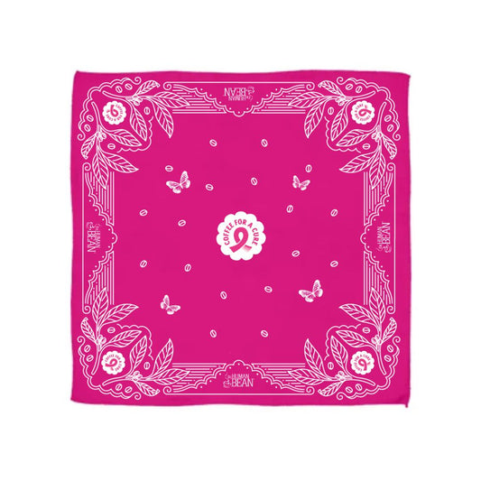 Pink Coffee For A Cure bandana with white patterns and a logo on a white background