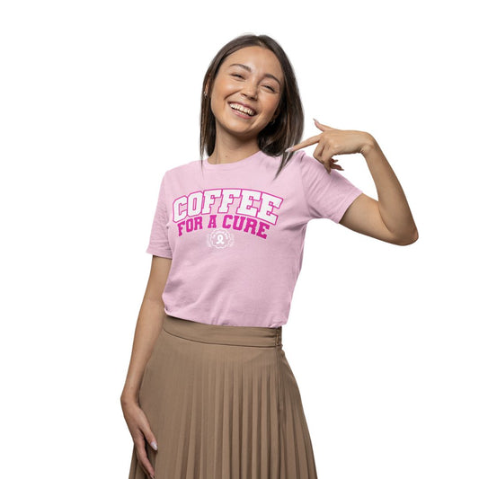 Woman wearing a pink t-shirt with 'Coffee for a Cure' text on a white background
