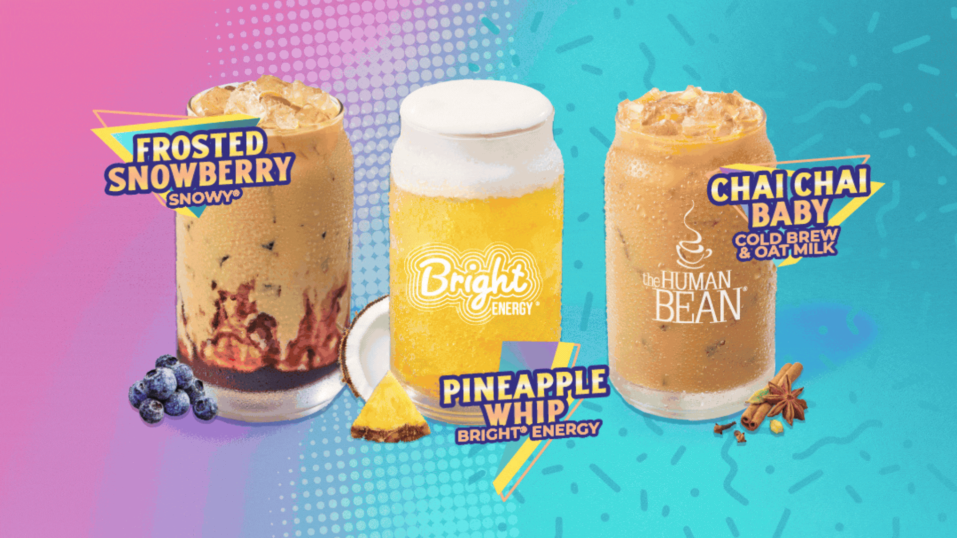 Frosted Snowberry Snowy, Chai Chai Baby Cold Brew & Oat Milk slide show into App promo for 450 beans for new app customers.