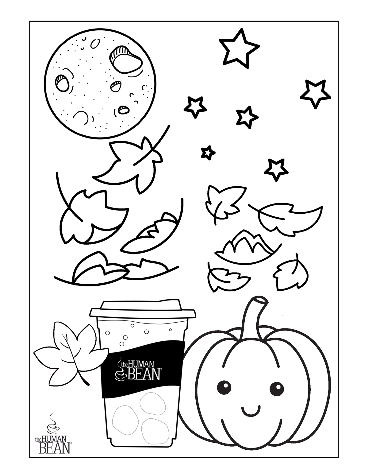 Fall coloring page with pumpkin and leaves