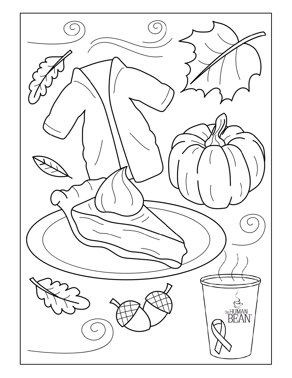 Coloring page with a pumpkin, pumpkin pie, sweater and acorns. 