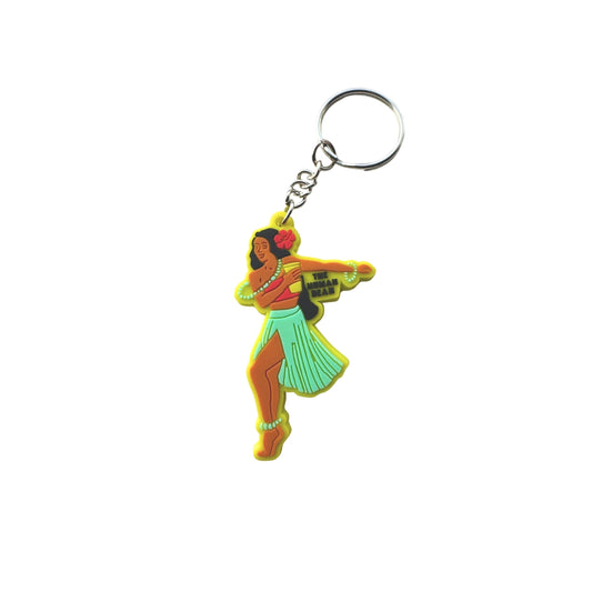 Hula Girl Key Chain with a coffee cup and The Human bean. Silver chain and loop.