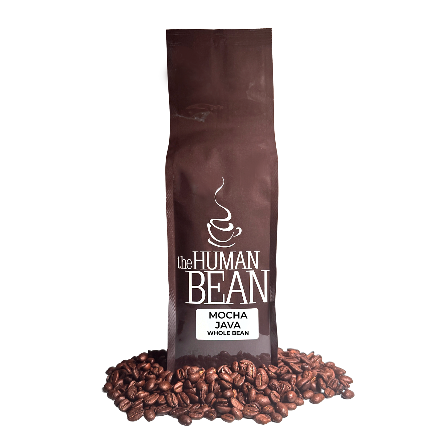 Coffee bag labeled 'the HUMAN BEAN Mocha Java Whole Bean' with coffee beans around on a white background