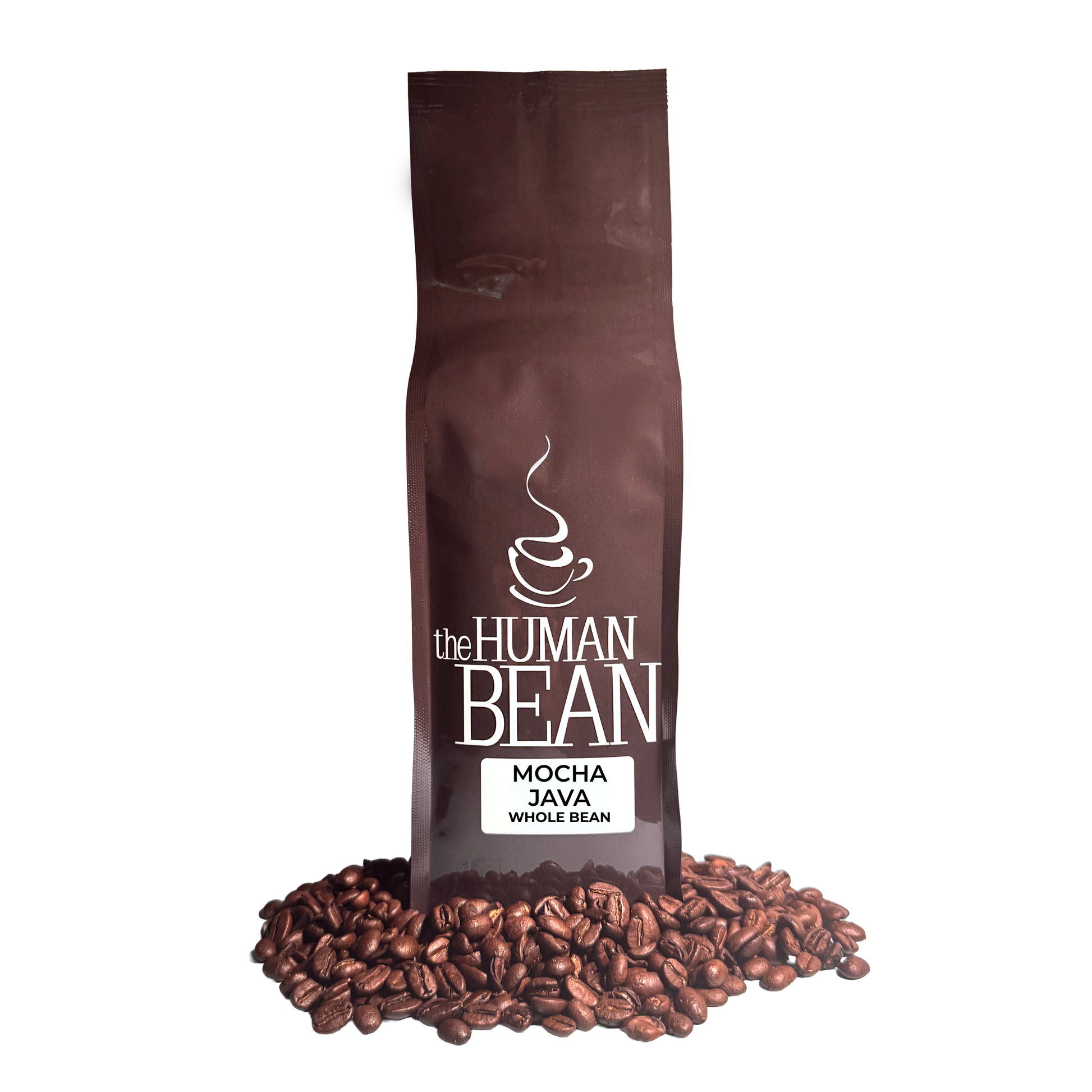 Coffee bag labeled 'the HUMAN BEAN Mocha Java Whole Bean' with coffee beans around on a white background
