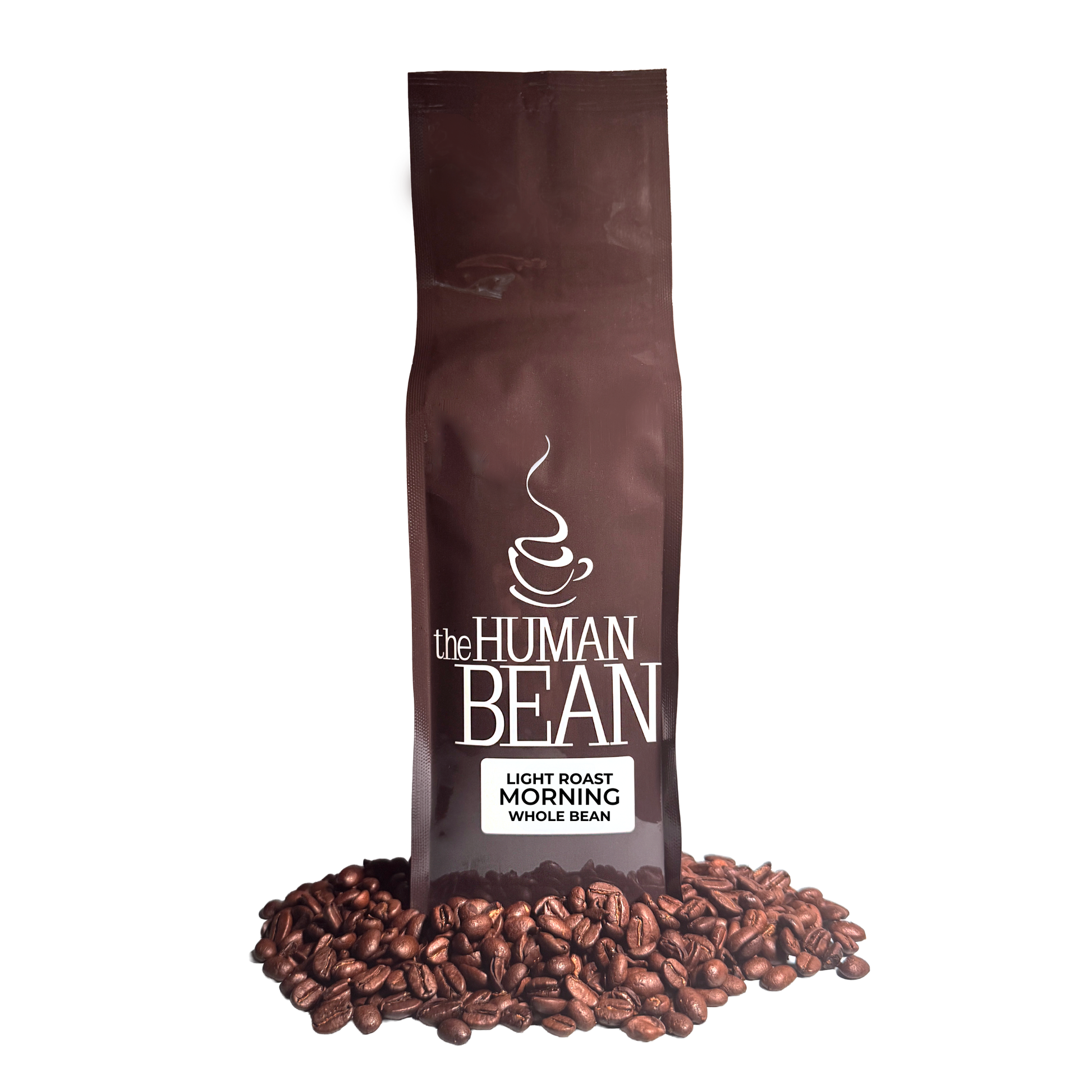 Coffee bag labeled 'the HUMAN BEAN Light Roast Morning Whole Bean' with coffee beans around on a white background