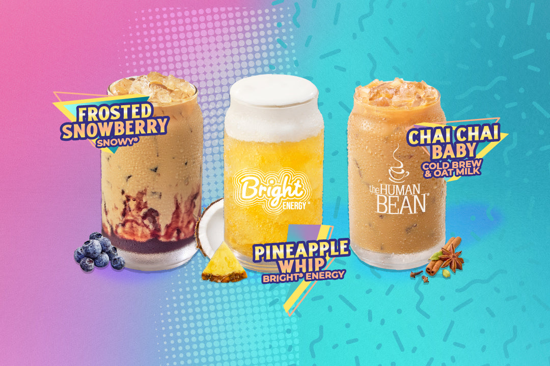 Frosted Snow Berry Snowy, Pineapple Whip Bright Energy, and Chai Chai Baby Cold Brew & Oat Milk drinks.