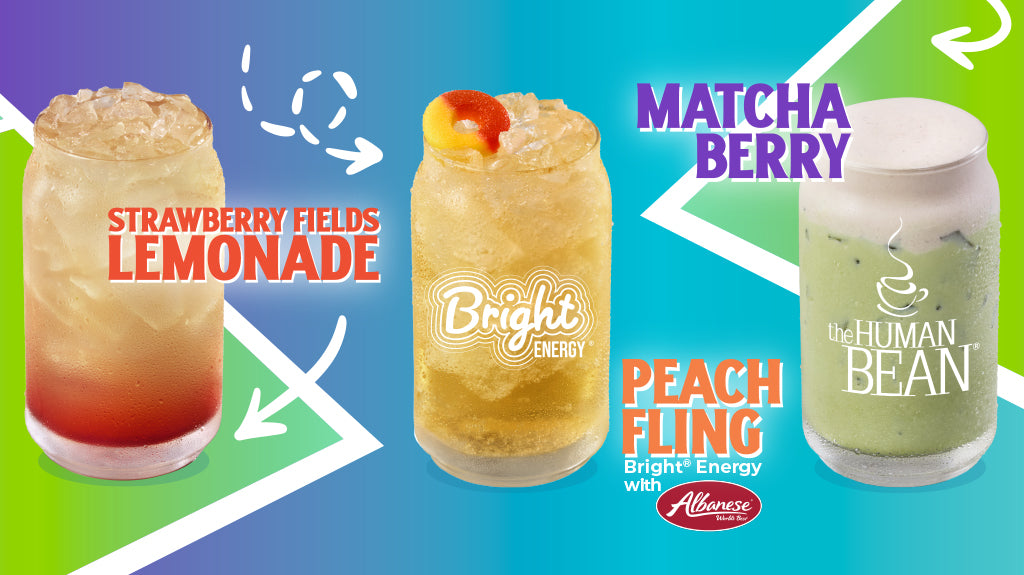 Three drinks with labels for 'Strawberry Fields Lemonade', 'Peach Fling', and 'Matcha Berry' on a colorful background.