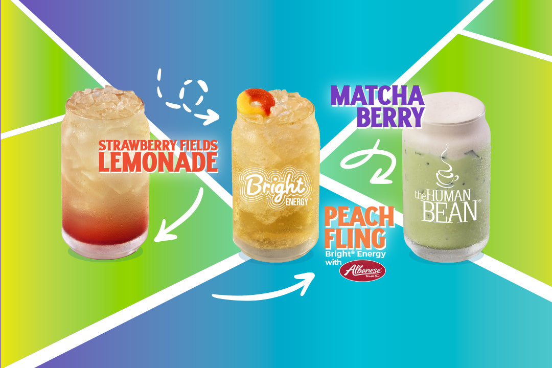 Strawberry Fields Lemonade, Peach Fling Bright Energy with Albanese Peach Ring, and Matcha Berry
