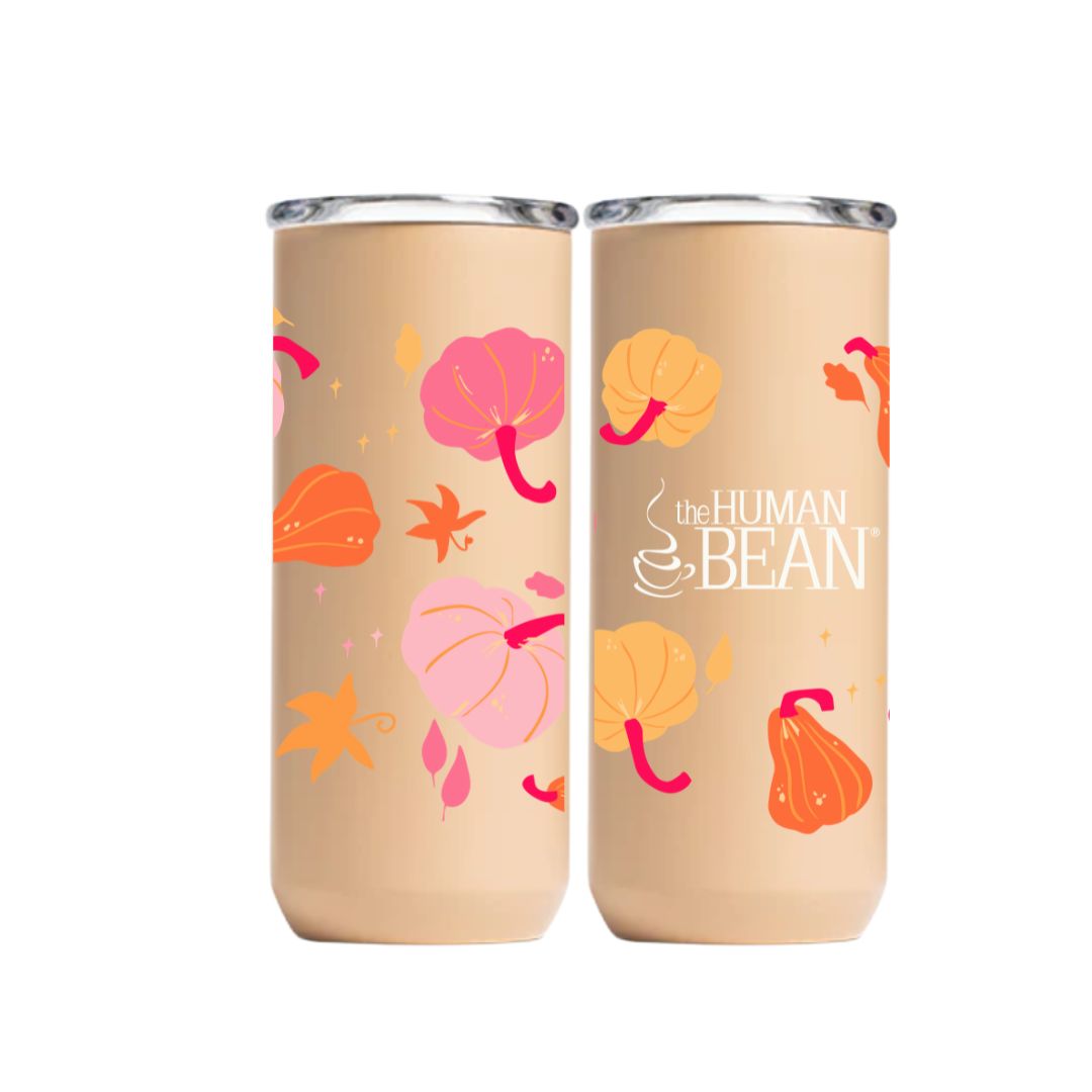 Two beige tumblers with colorful bean illustrations and 'the Human Bean' branding on a white background.