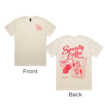 Beige t-shirt with red graphics and text on front and back