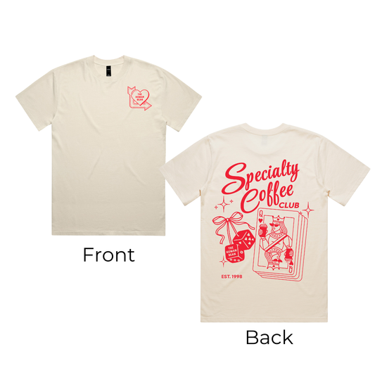 Beige t-shirt with red graphics and text on front and back