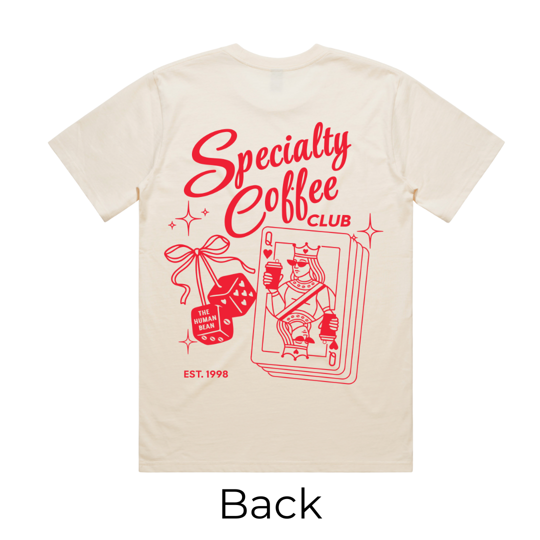 Beige t-shirt with red 'Specialty Coffee Club' design on a white background