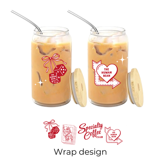 Two glass jars with iced coffee and decorative wraps on a white background