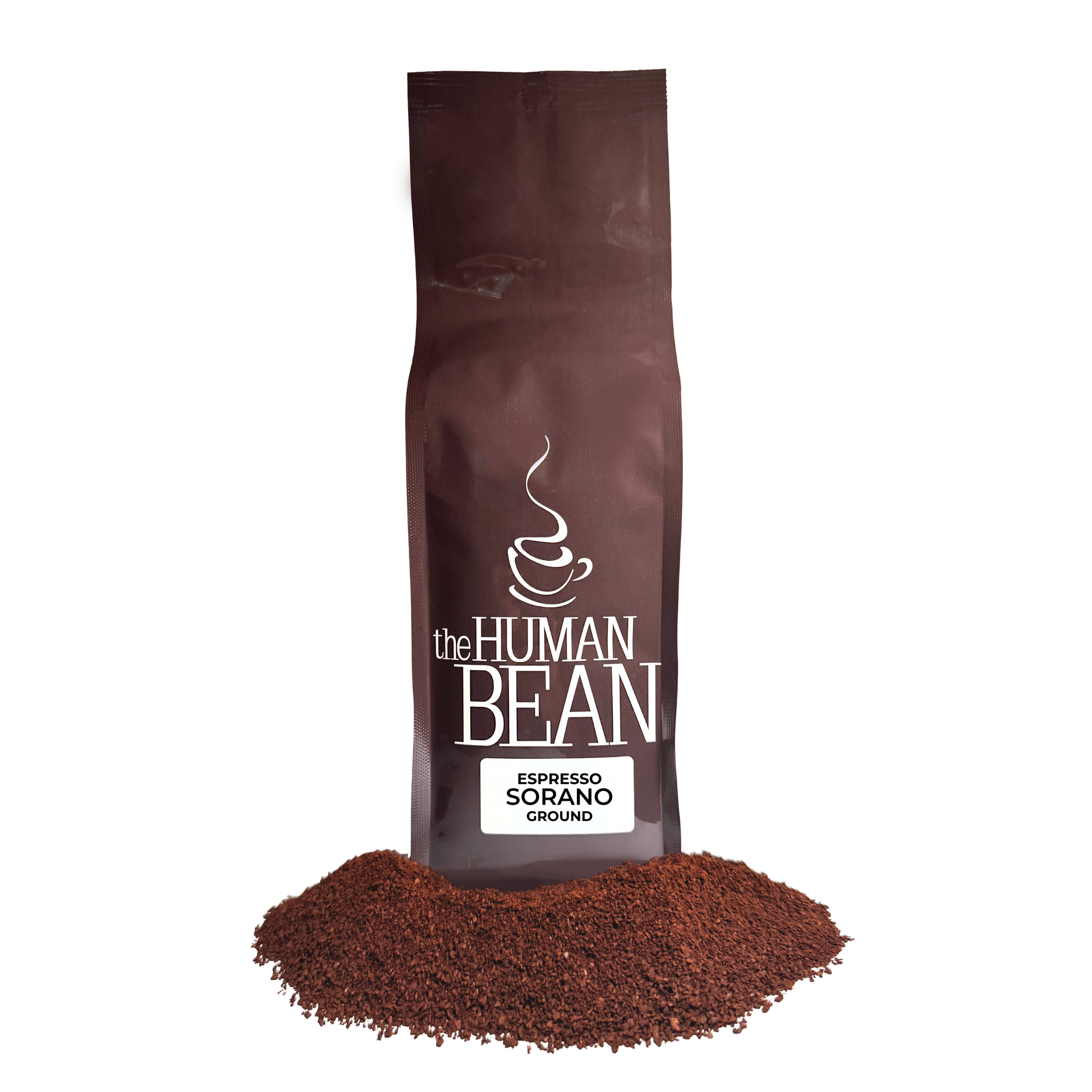 Brown bag of 'the HUMAN BEAN' Espresso Sorano Ground coffee with coffee grounds spilling out on a white background.