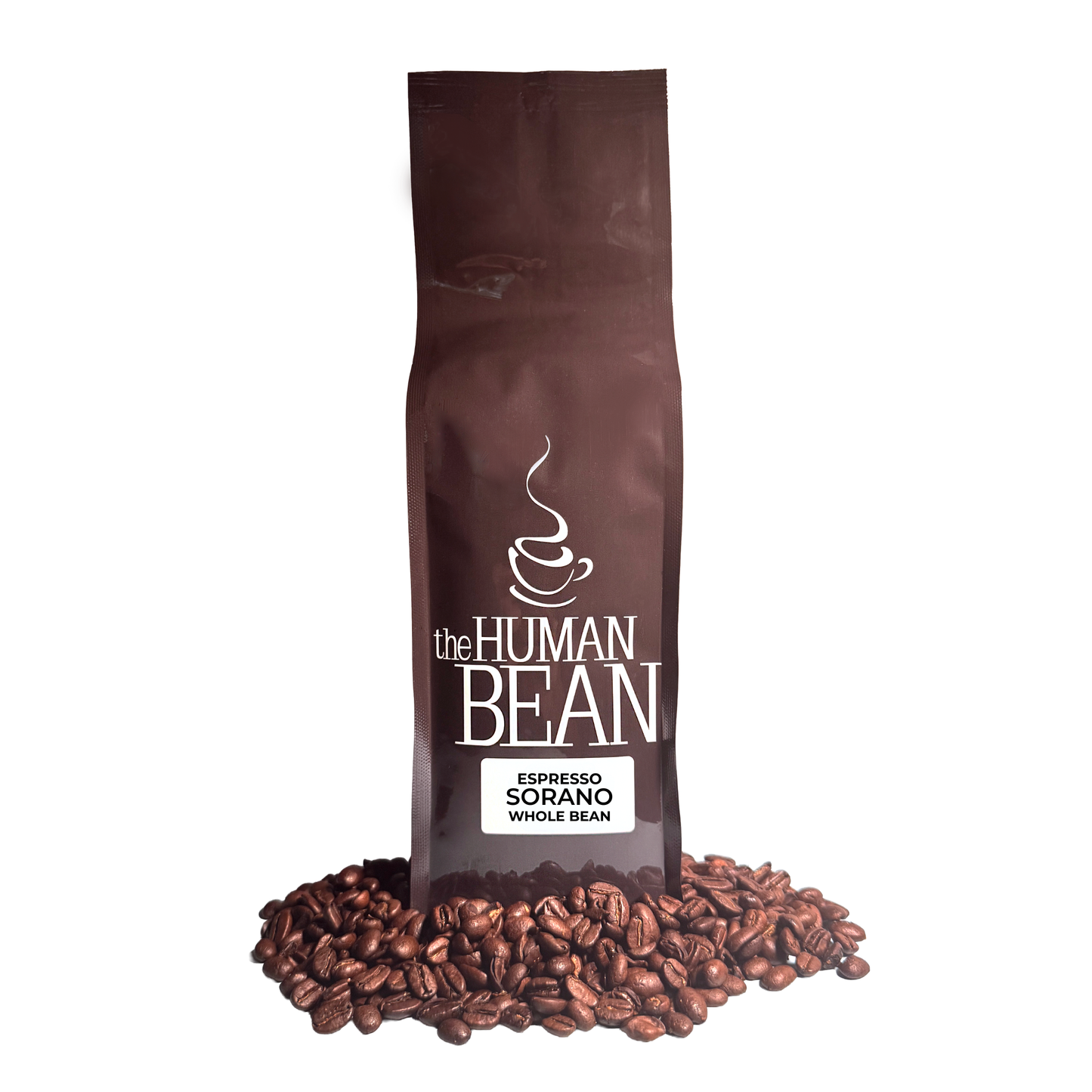 Coffee bag labeled 'the HUMAN BEAN' with espresso Sorano whole bean on a white background