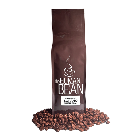 Coffee bag labeled 'the HUMAN BEAN' with espresso Sorano whole bean on a white background