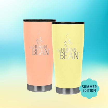 Two tumblers, one peach and one yellow, with 'The Human Bean' logo on a gradient blue and green background.