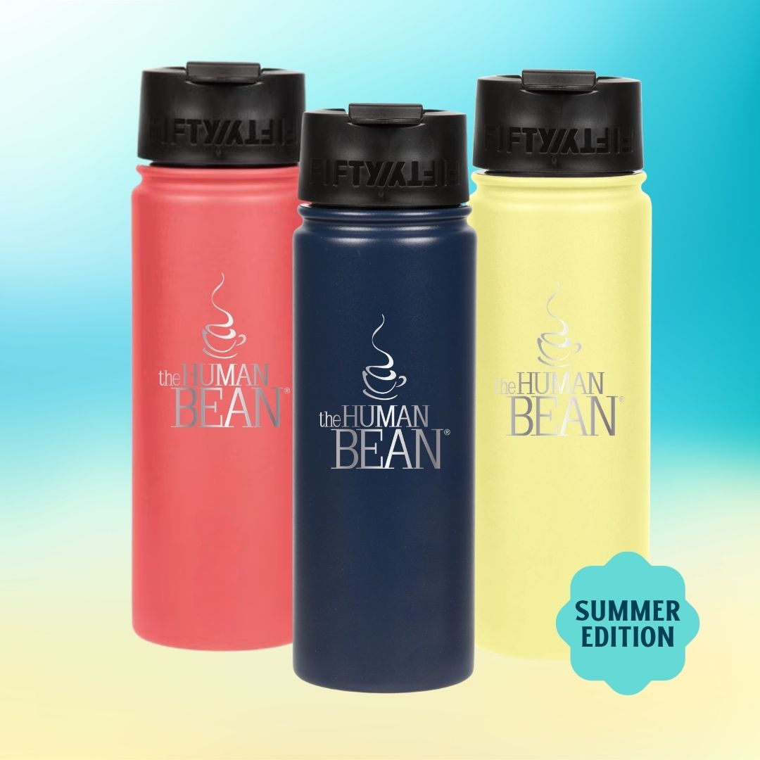 Three insulated bottles in red, blue, and yellow with 'the Human Bean' branding on a gradient background.