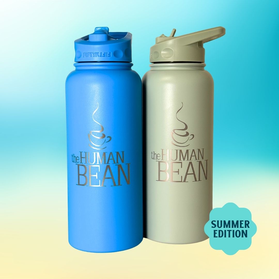 Two water bottles, one blue and one beige, with 'the Human Bean' branding on a gradient background.