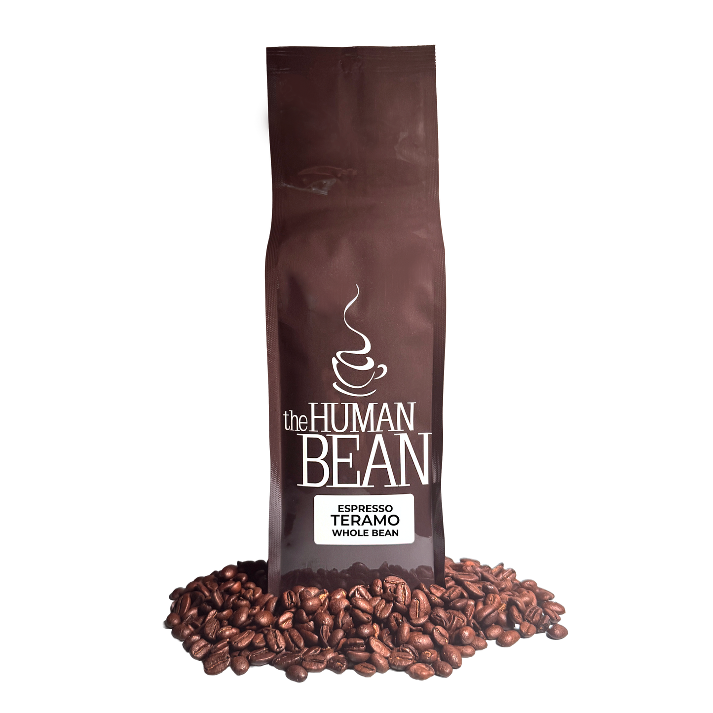 Coffee bag labeled 'the HUMAN BEAN' with espresso teramo whole bean coffee on a white background.
