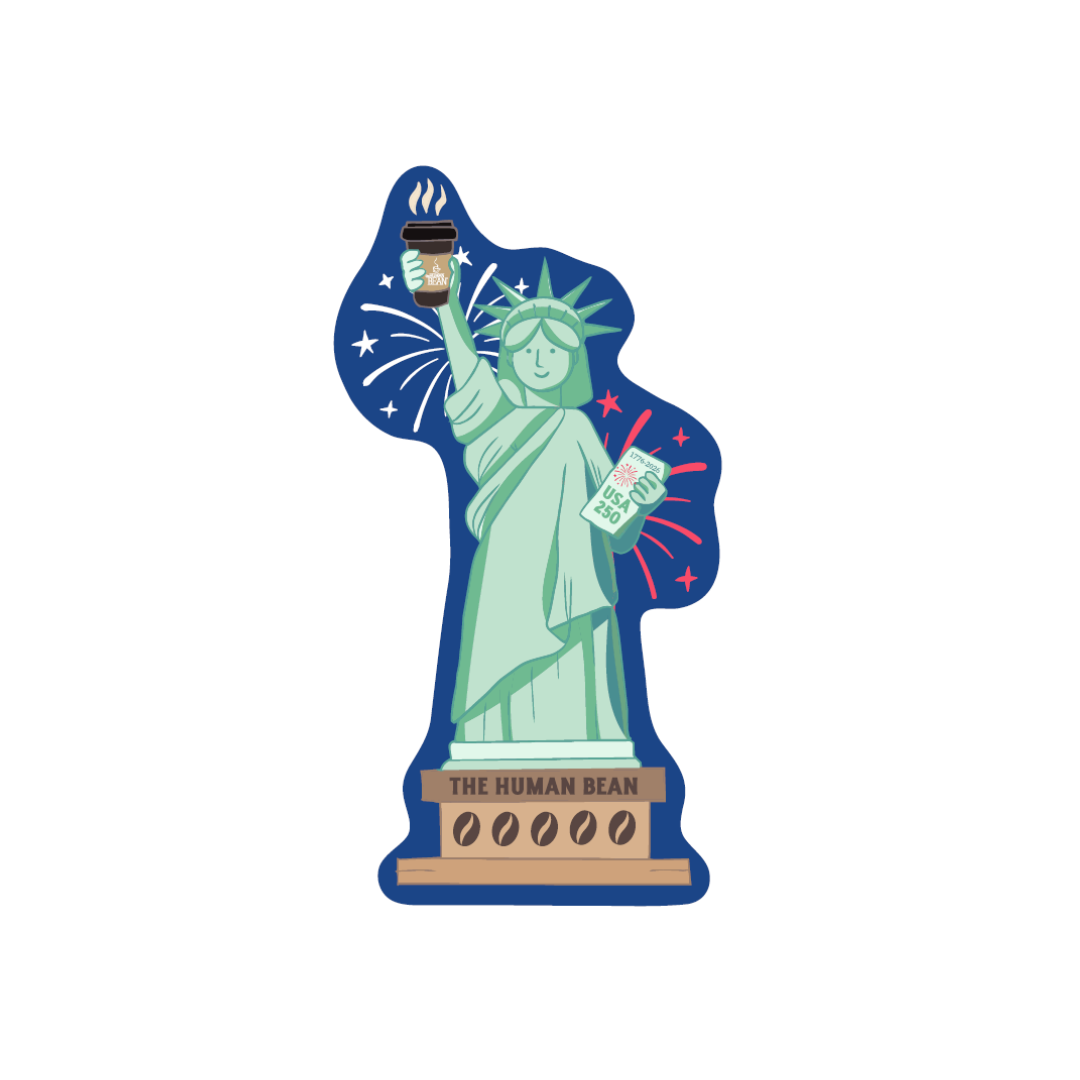 Illustration of the Statue of Liberty holding a coffee cup with 'The Human Bean' branding.