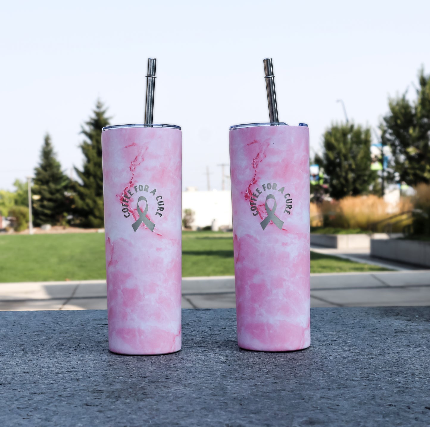 20 oz Coffee for a Cure Tumbler Pink Marble